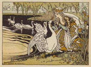 De seks svaner, tysk eventyr (farve litho)