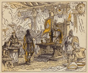 Kongen belønner Beowulf (farve litho)
