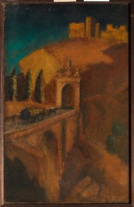 Bjerglandskab med bro, ca. 1910 (olie på lærred) af Dora (attr. to) Carrington