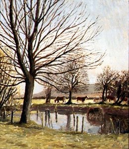 Kvæg ved en dam (olie på lærred) af Dora Carrington