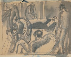 Maynard Keynes, Lytton Strachey og andre, ca. 1916 (blyant og akvarel på papir)