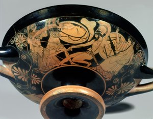 Ajax, opfordret af Athena, angriber Hector, hvis hjælp Artemis skynder sig, detaljer fra ydersiden af en attisk kop med rød figur (The Douris Cup), lavet af Kalliades, ca. 490 f.Kr. (keramik) (se også 85701, og 34