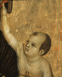 Crevole Madonna: Detail of the Child - tempera og guld på panel af Duccio di Buoninsegna