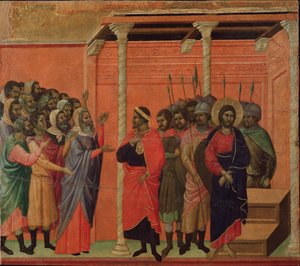 Jesus anklaget af farisæerne. Maesta altertavle (tempera og guld på træ af Duccio di Buoninsegna