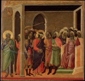 Jesus foragtede. Maesta altertavle (tempera og guld på træ af Duccio di Buoninsegna