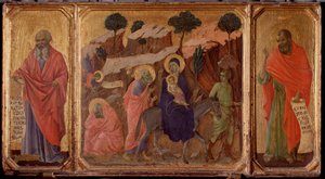 Kristi liv: Flugt til Egypten med profeterne Jeremias og Hosea. Predella of the Maesta (tempera på træ af Duccio di Buoninsegna
