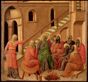Peters benægtelse. Maesta altertavle (tempera og guld på træ af Duccio di Buoninsegna