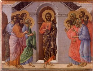 Den opstandne Jesus viser sig for apostlene. Maesta altertavle (tempera og guld på træ