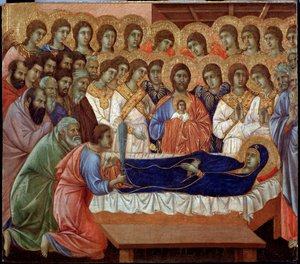 Jomfruens sovesal (detalje af Maesta) (Maleri af Duccio di Buoninsegna