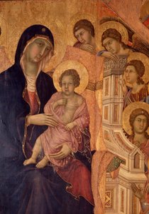 Jomfru og barn på tronen (La Maesta altertavle) (tempera og guld på træ) af Duccio di Buoninsegna