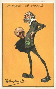 A Man of Moods: Shakespeares karakter, Hamlet, med Yoricks kranium (farve litho)