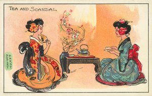 Te og skandale: to japanske kvinder drikker te (farve litho)
