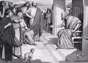Sokrates henvender sig til athenerne, illustration fra Hutchinsons History of the Nations, 1915 af Dudley Heath