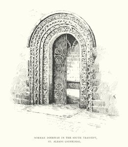 Normannisk døråbning i det sydlige tværskib, St Albans Cathedral (litografi) af Duncan Moul