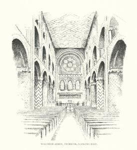 Waltham Abbey, interiør, set mod øst (litografi) af Duncan Moul