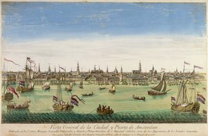 En oversigt over Amsterdams havn og by, stik af D.G. Hucquier, 16. århundrede af Dutch School