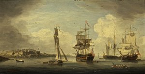 A Sea Port (olie på panel, mahogni) af Dutch School