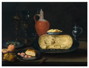 Et stilleben med ost, smør, brød, rejer, appelsiner, oliven og vin på et bord af Dutch School