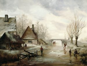 Et vinterlandskab med kunstskøjteløb i forgrunden af Dutch School