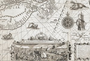 En detalje af to gammeldags hvallignende havmonstre og et indskud med mere naturtro hvaler, fra 