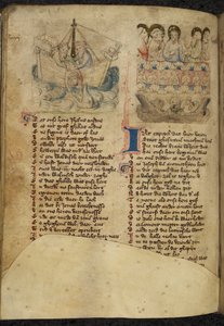 Tilføje. 11575, f.65v Jonas and the Whale, fra Spiegel van der Menschen Behoudenisse (oversættelse af Menneskets Frelses Spejl) (vellum) af Dutch School