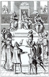 Tilståelse til ændring for domstolen, efter et træsnit i Praxis Rerum Criminalium af Joos de Damhouder (1507-81) udgivet Antwerpen, 1556 af Dutch School