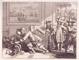 Beskæftiger sig med en kobra, der har invaderet de hollandske officersrum, 1672 af Dutch School