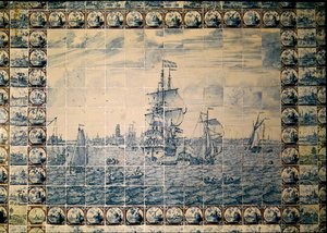 Delft flisepanel fra badeværelset, der viser en forsendelsesscene (fajance) af Dutch School