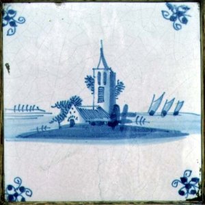 Delft tegl, der viser en kirke med tre pramsejl af Dutch School