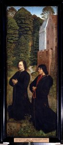 ""To donorer, medlemmer af et laug af skomagere"" Maleri på træ fra den hollandske skole fra det 15. århundrede (mester i Saint Crispin) Pushkin-museet i det tidlige 16. århundrede, Moskva af Dutch School