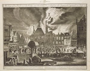 Brand ved det gamle Amsterdams rådhus, 17. juli 1652, fra en bog om brandbekæmpelse i Holland, udgivet ca. 1700 af Dutch School