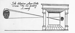 Første publicerede illustration af en camera obscura, der observerer en solformørkelse i januar 1544 af Dutch School