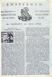 Forsiden af La Gazette dAmsterdam, 16. januar 1733 (trykt papir) af Dutch School
