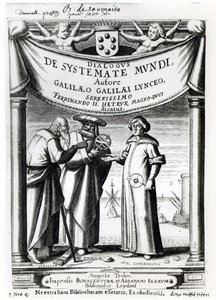 Frontispice af Dialogus De Systemate Mundi af Galileo (1564-1642), udgivet i Leyden 1635 af Dutch School