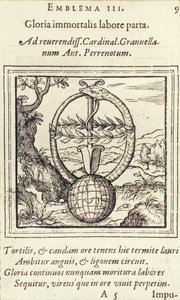 Det udødelige arbejdes herlighed vandt, illustration fra Emblemata af Adrianus Junius, udgivet af Christophe Plantin, Anvers, 1565 af Dutch School