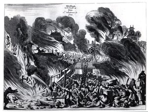 Stor brand i Yedo (Tokyo) i det 17. århundrede, illustration fra Arnold Montanus