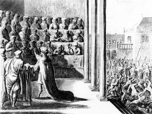 Herodes den Store anklager sine sønner, Alexander og Aristobulus, for forræderi. ca. 1700 af Dutch School