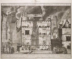 Illustration, der viser, hvordan nye lange brandslanger kunne nå alle dele af en bygning, fra en bog om Brandbekæmpelse i Holland, udgivet ca. 1700 af Dutch School