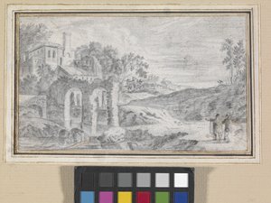 Italiensk landskab med ruiner (sort kridt på råhvidt papir) af Dutch School