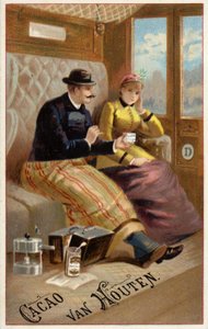 Mand tilbyder chokolade til kvinde på tog (chromolitho) af Dutch School