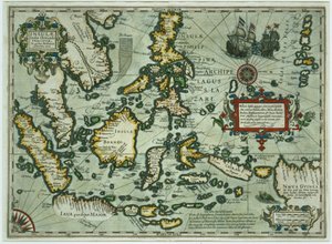 Kort over Østindien, pub. 1635 i Amsterdam (håndkoloreret gravering)
