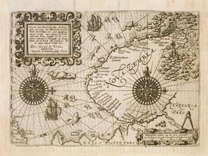 Kort over den nyopdagede Nova Zembla, illustration fra Diarium Nauticum eller den sande beskrivelse af tre beundringsværdige rejser...