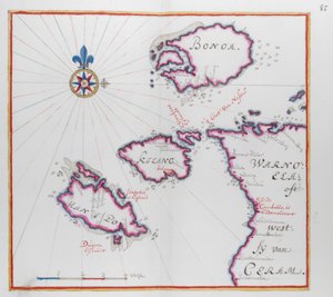 Kort, der viser en del af øen Ceram (Seram) og Bonoa (Boano-øen) og Kelang-øen og Manipa-øen. af Dutch School