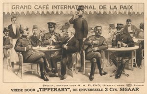 Militærfolk, politikere og politifolk sidder uden for Grand Cafe International de la Paix (litho) af Dutch School