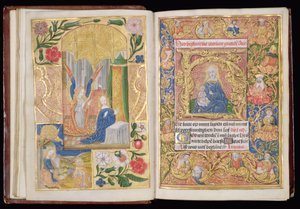 Ms 144, ff.13v-14r: Bebudelsen og Jomfru og Barn, miniaturer fra en Timebog, Brug af Utrecht, c.1500-20 (bladguld og guld & farvet blæk på pergament) af Dutch School
