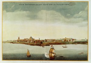 New Amsterdam, ca. 1650-53 (The Prototype View) brugt til frontispice til Stokes Iconography, bind 1, 1915 (farvet tryk) af Dutch School