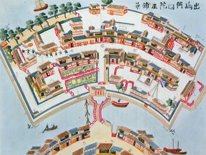 Plan over den hollandske fabrik på øen Desima i Nangasaki, fra Illustrationer af Japan af Isaac Titsingh (ca. 1740-1812), udgivet London, 1822 af Dutch School