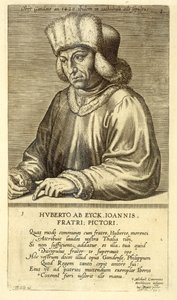 Portræt af Hubert van Eyck (1366-1426) plade 1 fra en serie portrætter af kunstnere, indgraveret af Theodor Galle (1571-1633) af Dutch School