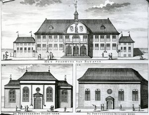 Portugisisk kirke og rådhus i Batavia, 1800-tallet, af Dutch School