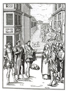 Salg af Town Crier, efter et træsnit i Praxis Rerum Civilium af Joos de Damhouder (1507-81) udgivet Antwerpen, 1557 af Dutch School